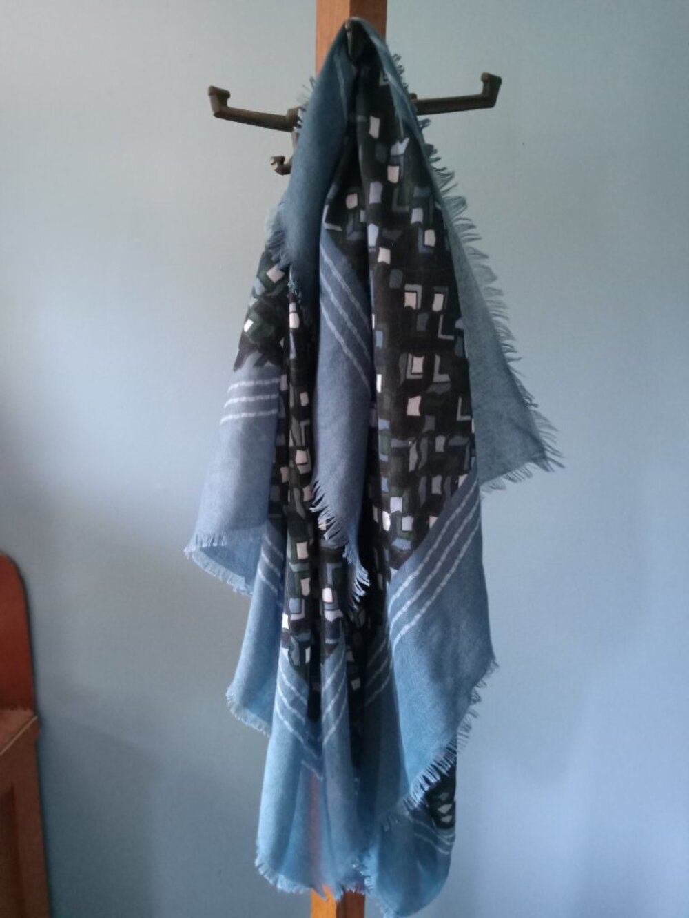 Longer style blue fringed scarf in great condition